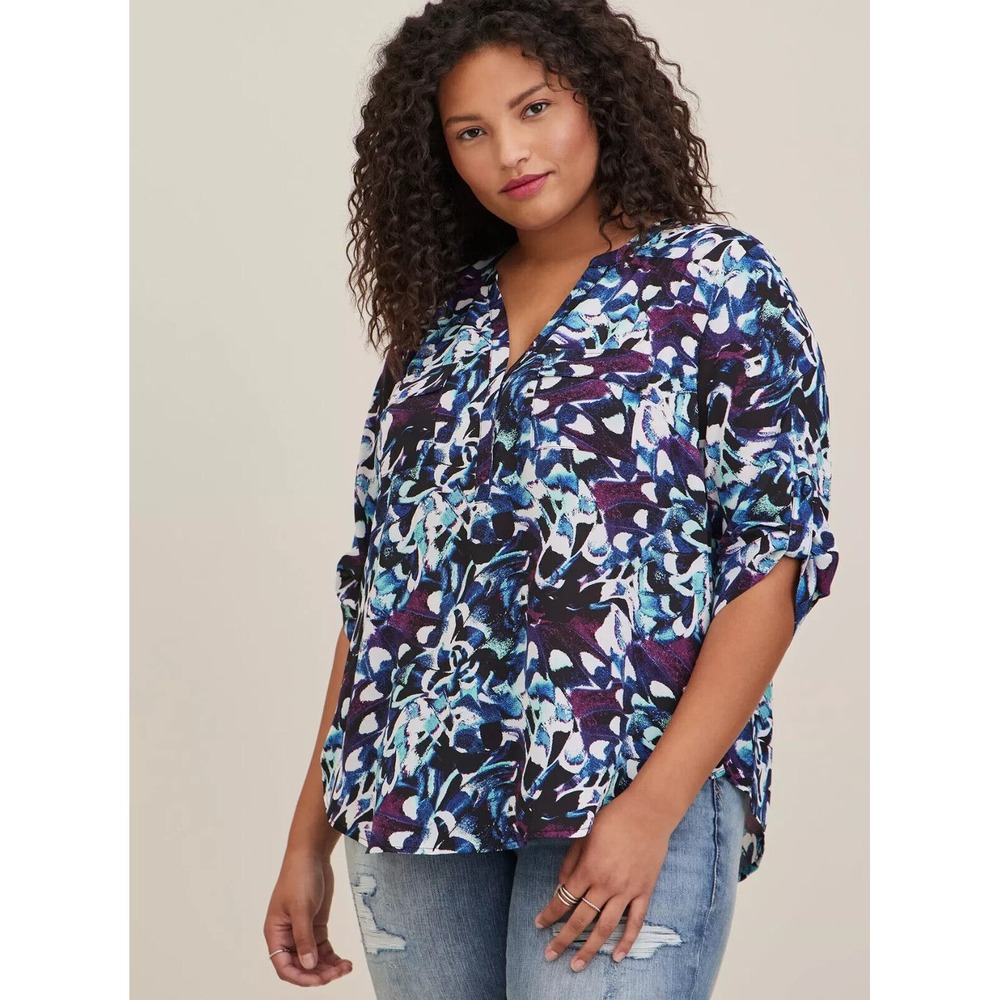 Torrid Plus Size 3 Harper Blue Purple Roll Tab 3/4 Sleeve Pockets Tunic‎ Top